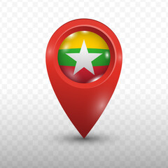 Location Flag of Myanmar with red color and transparent background, Vector Illustration.