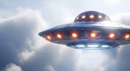 A classic flying saucer ufo hovers in a cloudy sky, with glowing lights and a metallic hull, evoking mystery and alien encounters
