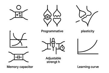 Artificial Synapse Icons. Line style icons of artificial synapses: synaptic weight, programmable connection, plasticity icon, STDP