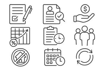 Microloan Process Icons. Line style icons of microloan processes: loan request form, credit evaluation, disbursal icon, interest