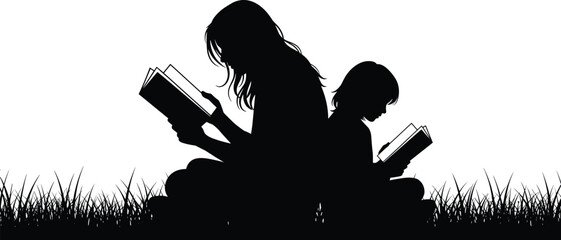 Silhouette reading together, parent and child, back to back, outdoor grass scene, education concept, learning, books, peaceful moment, vector illustration