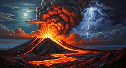 Volcano Eruption Under Moonlit Stormy Sky.