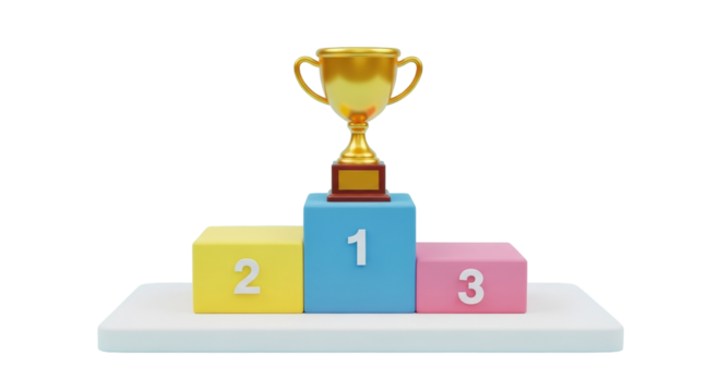 Golden Trophy on a Winners Podium with Numbered Steps.