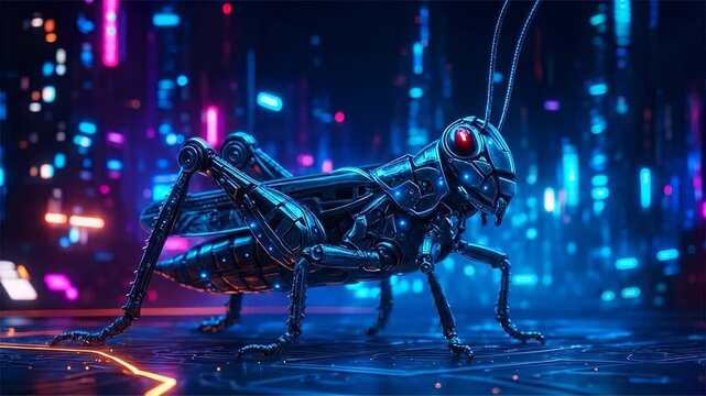 Cybernetic Grasshopper Robot in a Futuristic Neon City