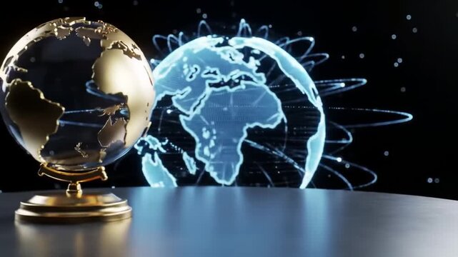 Digital globe visualization on table with spheres and futuristic elements