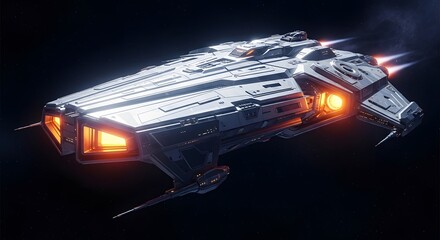 A futuristic spaceship with glowing orange engines and lights, soaring through the dark expanse of space with stars in the background