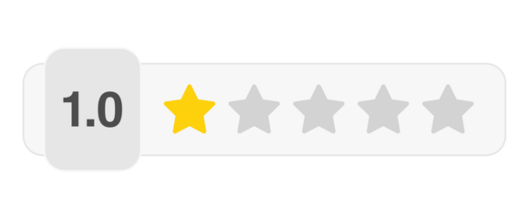 One star rating bar with numeric label 1.0 in white style, lowest customer review feedback score, PNG with transparent background