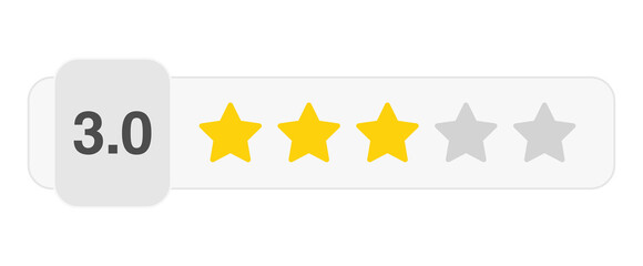 Three star rating bar with numeric label 3.0 in light style, average customer review feedback score, PNG with transparent background