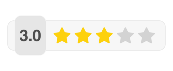 Three star rating bar with numeric label 3.0 in light style, average customer review feedback score, PNG with transparent background