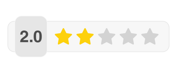 Two star rating bar with numeric label 2.0 in light style, poor customer review feedback score, PNG with transparent background