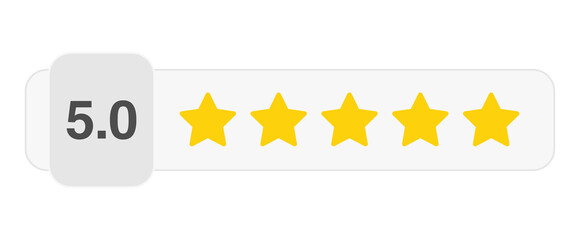 Five star rating bar with numeric label 5.0 in light style, perfect review score for customer feedback and quality approval, PNG with transparent background