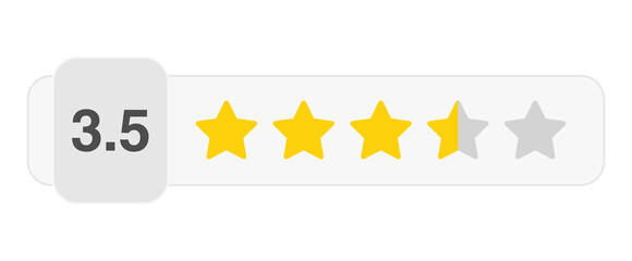 Three and a half star rating bar with numeric label 3.5 in white style, medium high customer review score, PNG with transparent background