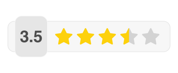 Three and a half star rating bar with numeric label 3.5 in white style, medium high customer review score, PNG with transparent background