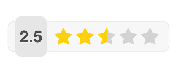 Two and a half star rating bar with numeric label 2.5 in white style, below average customer review feedback score, PNG with transparent background