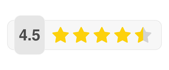 Four and a half star rating bar with numeric label 4.5 in light style, high customer review feedback score, PNG with transparent background