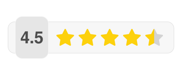 Four and a half star rating bar with numeric label 4.5 in light style, high customer review feedback score, PNG with transparent background