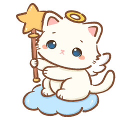 Kawaii white cat angel character cute chibi kitten with golden halo wings holding magic star wand sitting on fluffy blue cloud cartoon illustration for Valentines cards and crafts