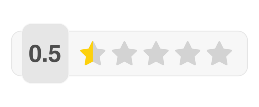 Half star rating bar with numeric label 0.5 in white style, very poor review feedback score and lowest trust rating, PNG with transparent background