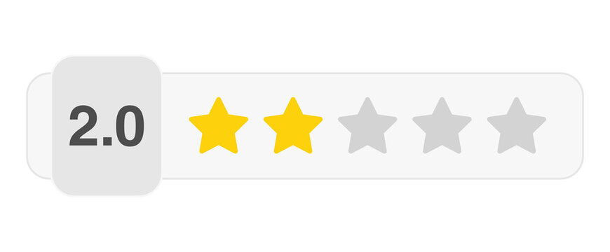 Two star rating bar with numeric label 2.0 in light style, poor customer review feedback score, PNG with transparent background