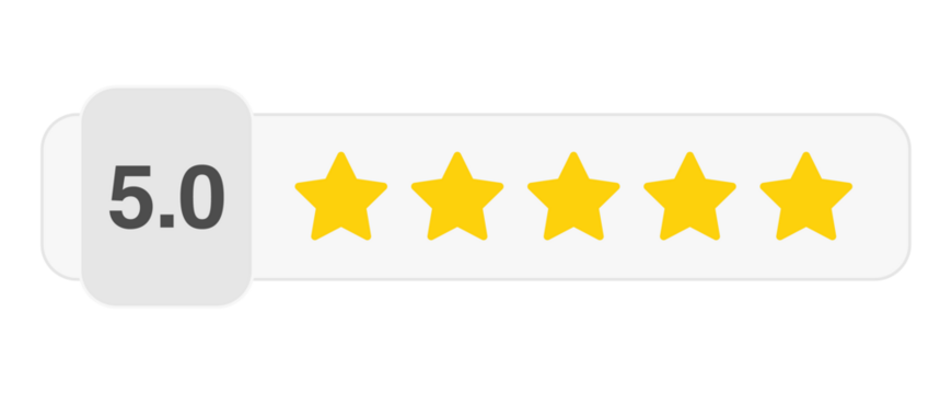 Five star rating bar with numeric label 5.0 in light style, perfect review score for customer feedback and quality approval, PNG with transparent background