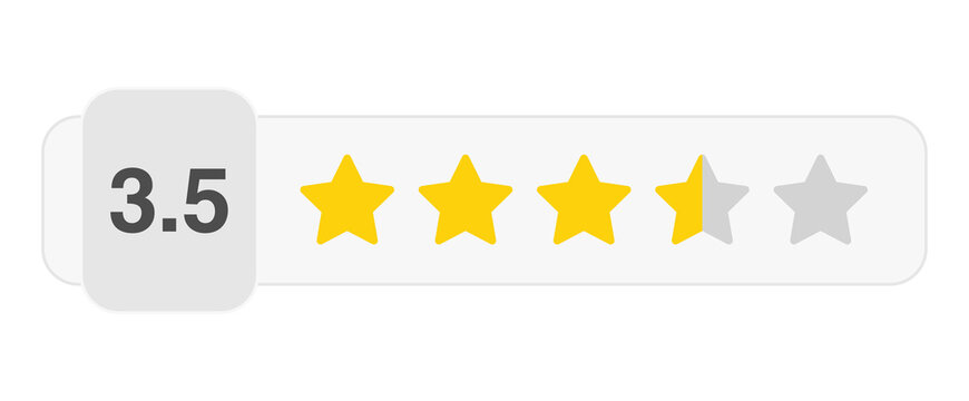 Three and a half star rating bar with numeric label 3.5 in white style, medium high customer review score, PNG with transparent background