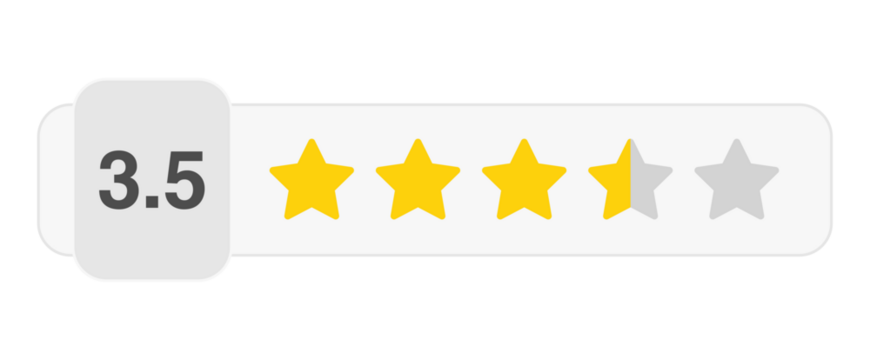 Three and a half star rating bar with numeric label 3.5 in white style, medium high customer review score, PNG with transparent background