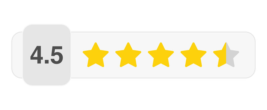 Four and a half star rating bar with numeric label 4.5 in light style, high customer review feedback score, PNG with transparent background