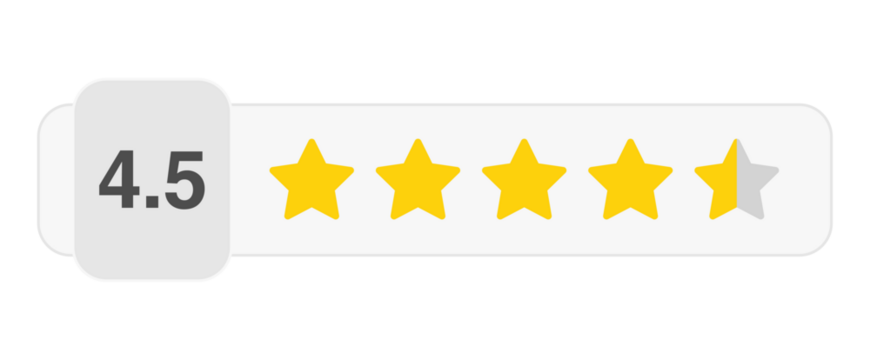 Four and a half star rating bar with numeric label 4.5 in light style, high customer review feedback score, PNG with transparent background
