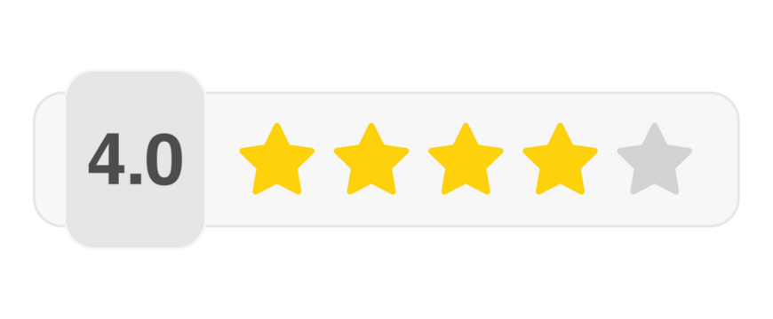 Four star rating bar with numeric label 4.0 in white style, strong review feedback score for customer satisfaction and service quality, PNG with transparent background