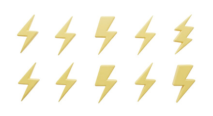 Set of bright yellow lightning bolt icons representing energy and power.