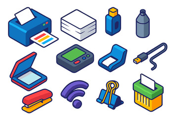 Office Printing Icons. Isometric vector illustration set Office printing: printer machine, stack of paper, ink cartridge, toner