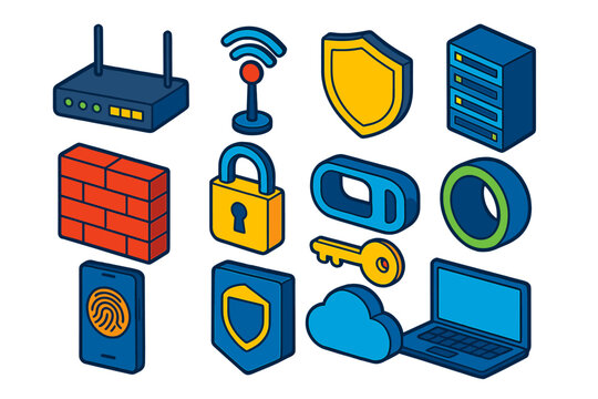 Internet Security Icons. Isometric vector illustration set Internet security: router, wifi antenna, shield icon, firewall wall,