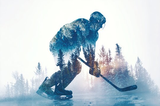 Dynamic ice hockey concept featuring high-speed motion, neon lighting effects, and double exposure visuals. Ideal for sports posters, marketing materials, social media graphics, and modern athletic de