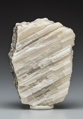 White Selenite Crystal Mineral with Striated Surface on Gray Background