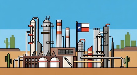 Texas Oil Refinery Industrial Plant in a Desert Landscape Illustration.