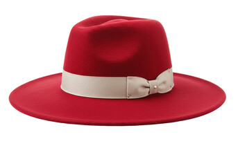 Isolated red felt fedora hat with light tan ribbon for woman or girl in studio, no person