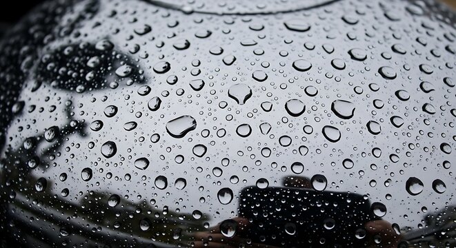 Close-up of water droplets on a reflective surface.