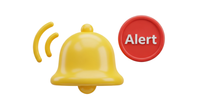 Yellow notification bell icon with sound waves and red alert sign.