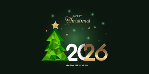  Modern Christmas design. Banner featuring a Christmas tree and a star with a triangular pattern, the number 2026, on a green background.