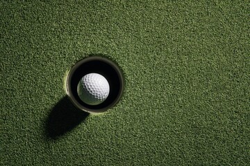 Top-down view of golf ball rolling into hole on putting green, perfect circular shadow, quiet intensity