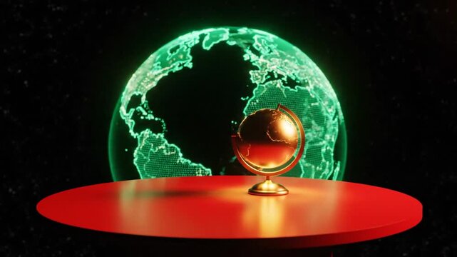 Abstract globe display on red table with green projected world map