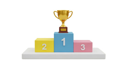 Trophy on a podium representing first place and achievement in competition.