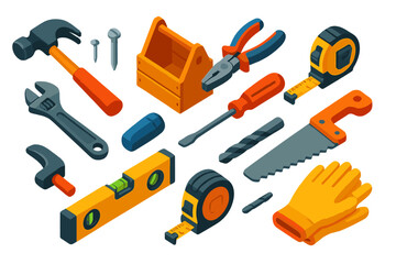 Basic Tools Icons. Isometric vector illustration set Basic Tools: hammer, metal nail, flat screw, wooden toolbox, pliers, tape
