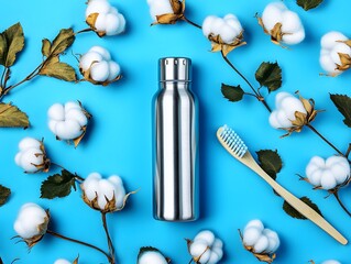 Eco friendly lifestyle concept with cotton flower, bottle and toothbrush on blue backdrop