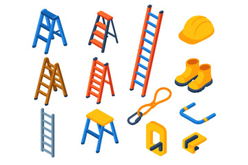 Colorful Ladder Icons. Isometric vector illustration set Basic Ladders: folding ladder, step stool, extension ladder, safety