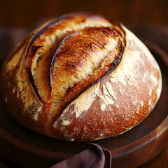 Close up of freshly baked sourdough bread loaf on a wooden plate