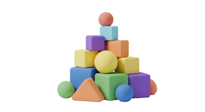 A playful pyramid of colorful geometric building blocks for children.