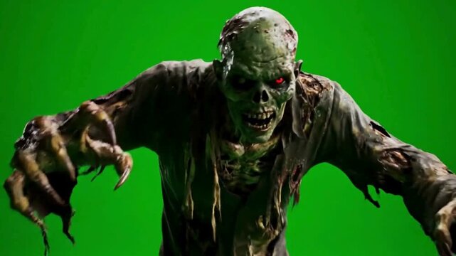 A terrifying zombie monster in a relentless attack, for an isolated green screen background. 