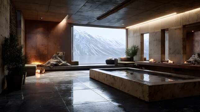 Luxurious indoor spa featuring a minimalist design with a large window offering a picturesque view of snow-capped mountains and a rectangular plunge pool, warm lighting and zen atmosphere.