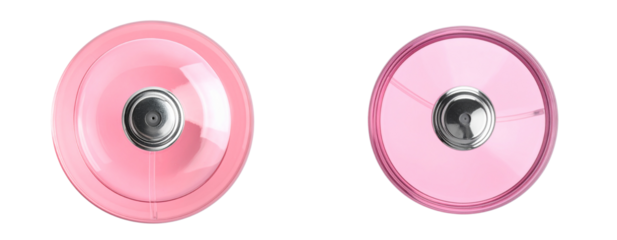 Top-Down View of Round Pink Perfume Bottle with Silver Bulb Sprayer, isolated on transparent background PNG